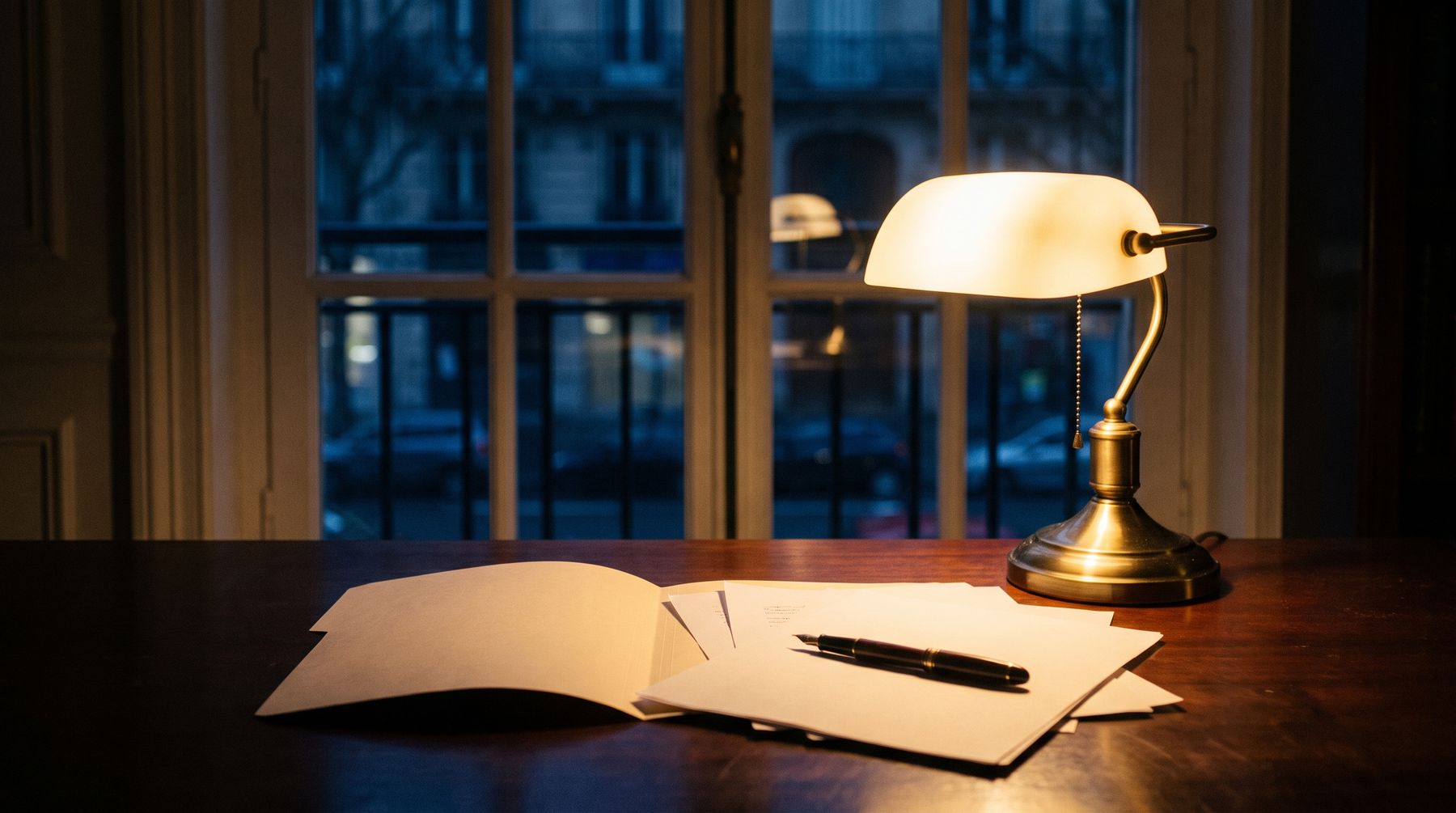 Intérieur du bureau la nuit : une lampe en laiton allumée, un dossier ouvert et un stylo, la fenêtre donnant sur la rue bleue au fond.